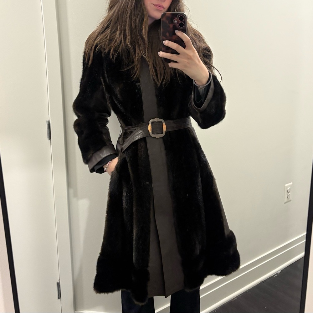 Vintage made in England chocolate brown Faux Fur & leather Belted Coat small